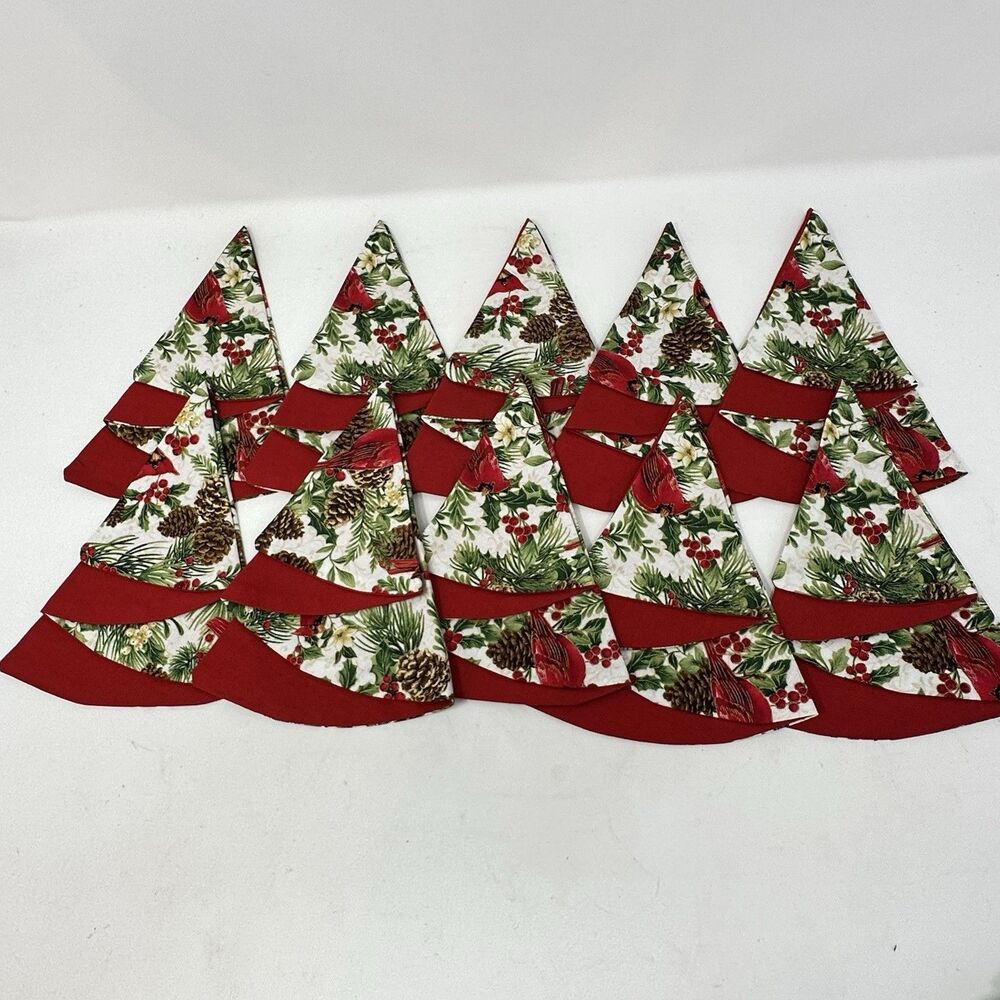 New Handmade Fabric Christmas Tree Napkins Set of 10 Cardinal Pinecone Red Back